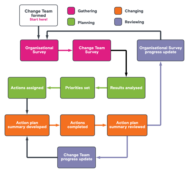 The image is a cyclical flowchart depicting the stages of a team-based organizational change process, from formation and surveys to action planning and reviewing, with color-coded steps for gathering data, planning, implementing changes, and reviewing progress.